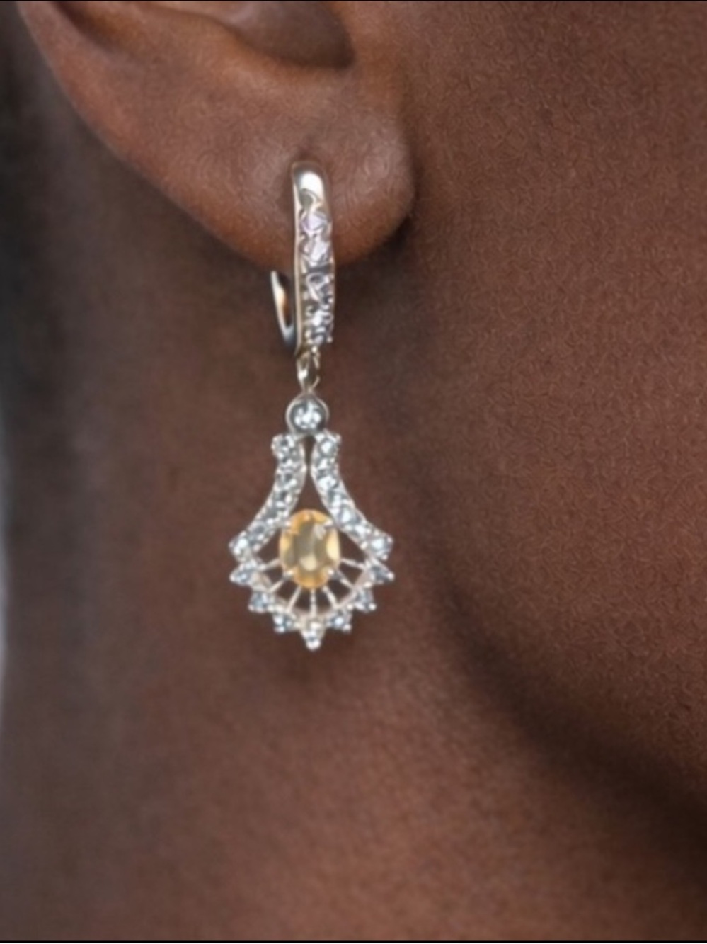 925 Sterling Silver Citrine CZ Drop Earrings Leverback 1”